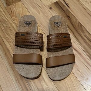Reef Tan Slide Sandals with Laser Cut Straps